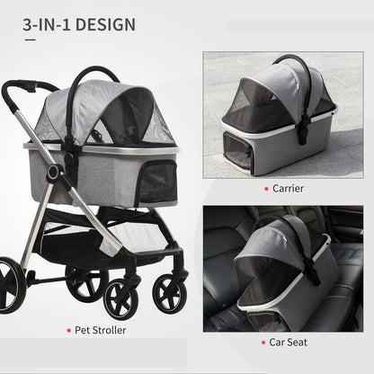 PawHut One-Click Foldable Pet Stroller w/ Storage Basket, for Small Pets - Grey