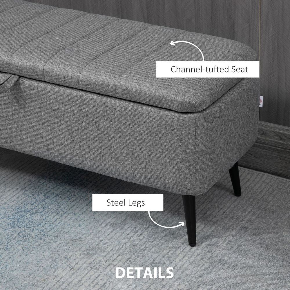 Storage Ottoman Bench, Linen Fabric Footstool with Steel Legs Grey