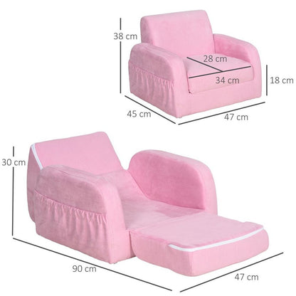 2 In 1 Kids Armchair Sofa Bed Fold Out Padded Wood Frame Bedroom Pink