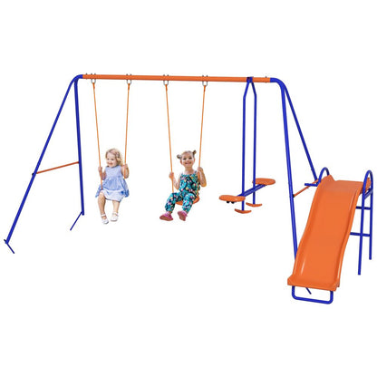 Outsunny 4 in 1 Metal Kids Swing Set with Double Swings, Glider, Slide, Ladder