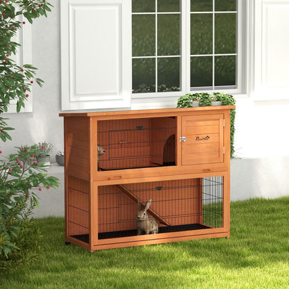 PawHut Wooden Rabbit Hutch Antiseptic Outdoor, for 1-2 Rabbits, Orange