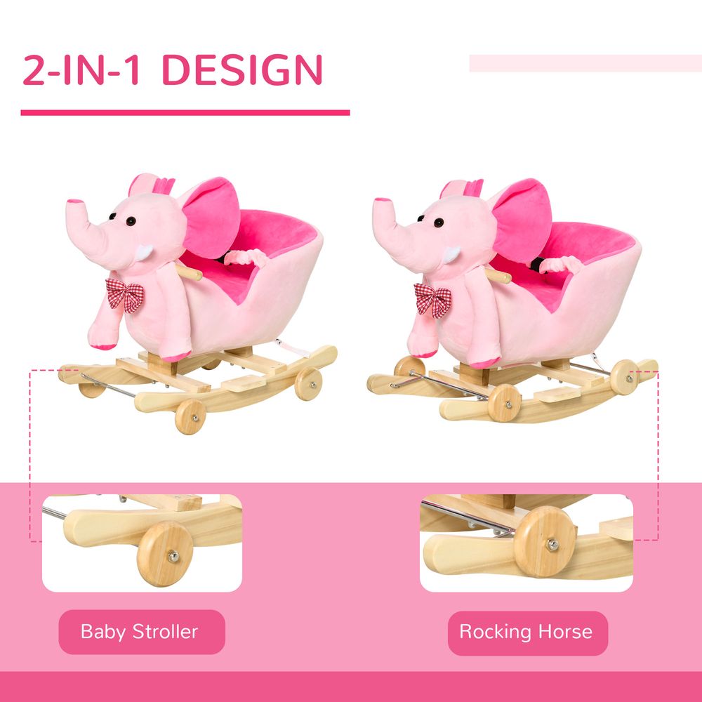 2-in-1 Baby Rocking Horse Ride On Elephant W/ Wheels Music, Pink