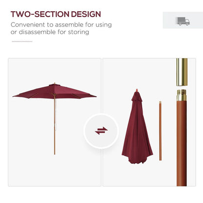 3m Fir Wooden Garden Parasol Sun Shade Outdoor Umbrella Canopy Wine Red