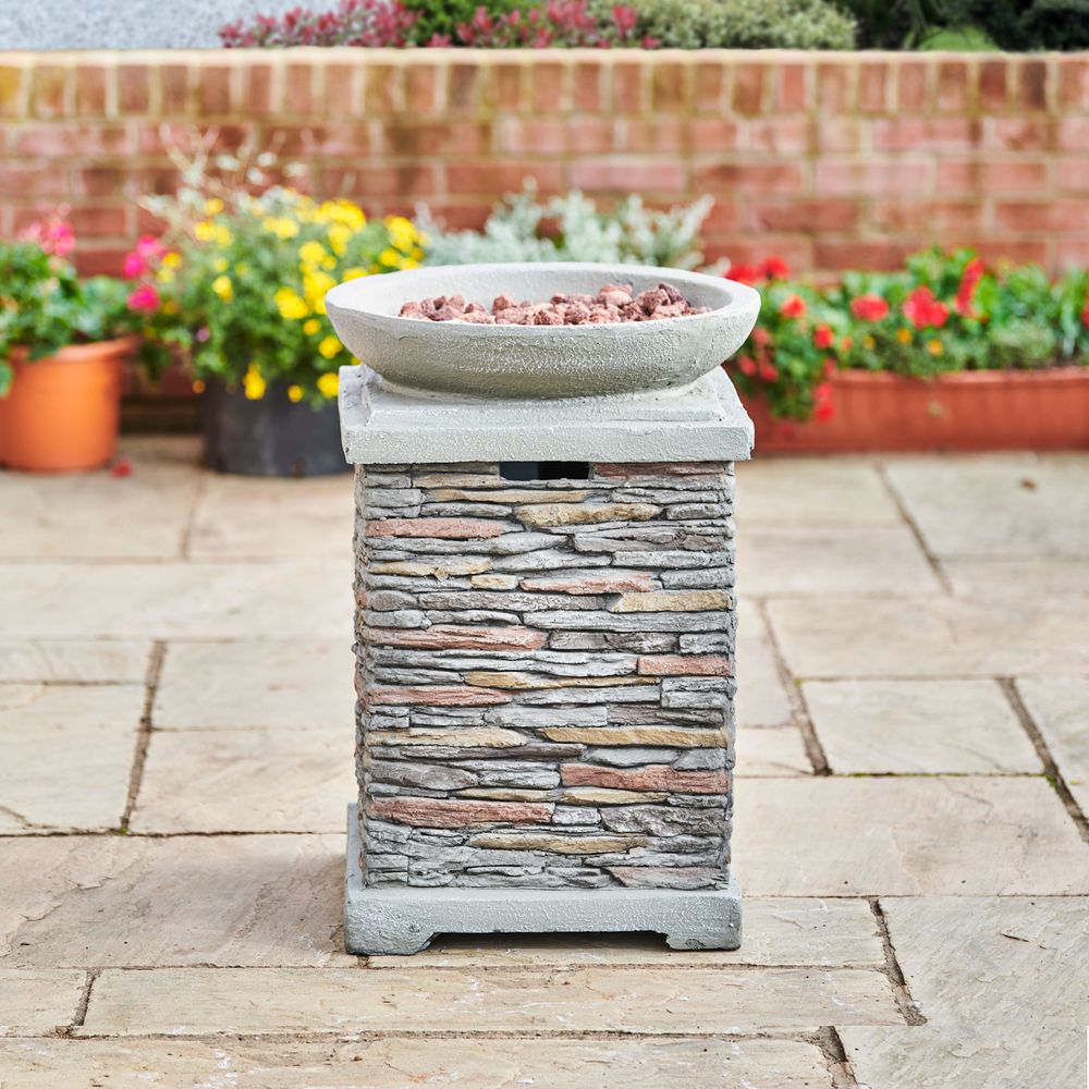 Outdoor Garden Stone Propane Gas Fire Pit with Lava Rocks & Cover