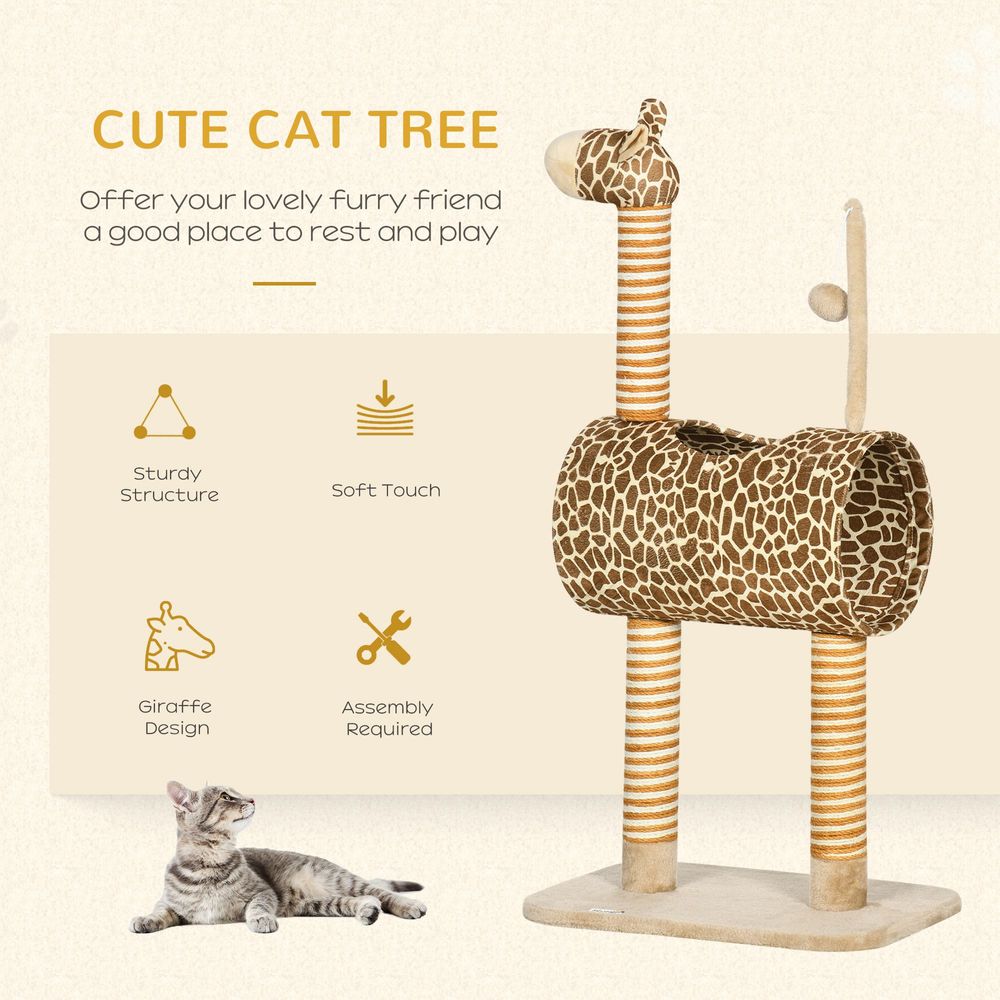 Cat Tree Cute Giraffe Kitten Play Tower W/ Scratching Posts Tunnel Ball Pawhut