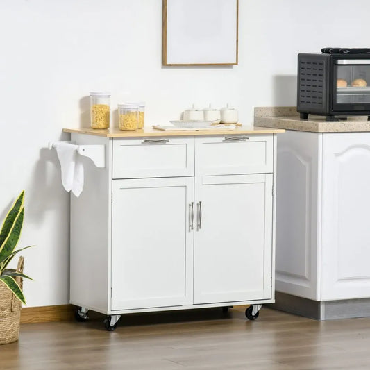 Rolling Kitchen Island Storage Kitchen Cart with Adjustable Shelves-White