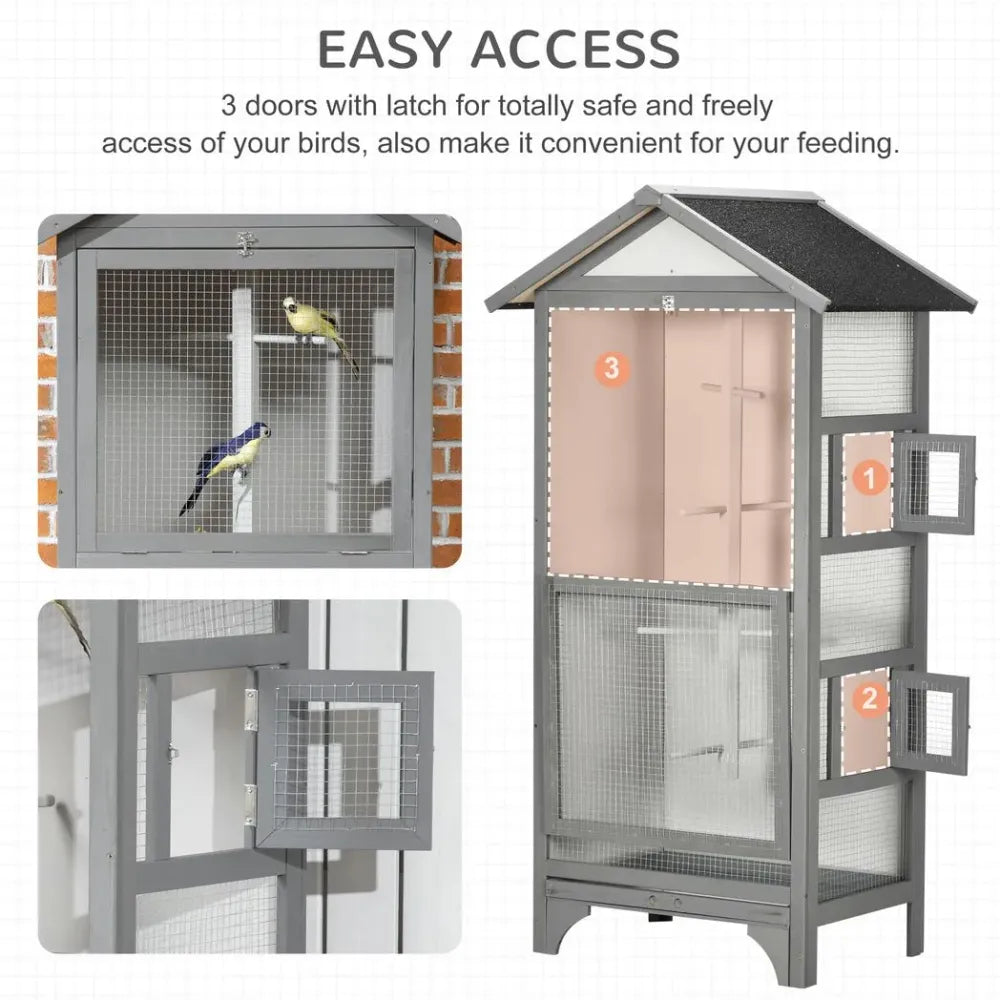 Wooden Bird Aviary for Finch, Canary w/ Removable Tray, Asphalt Roof - Grey