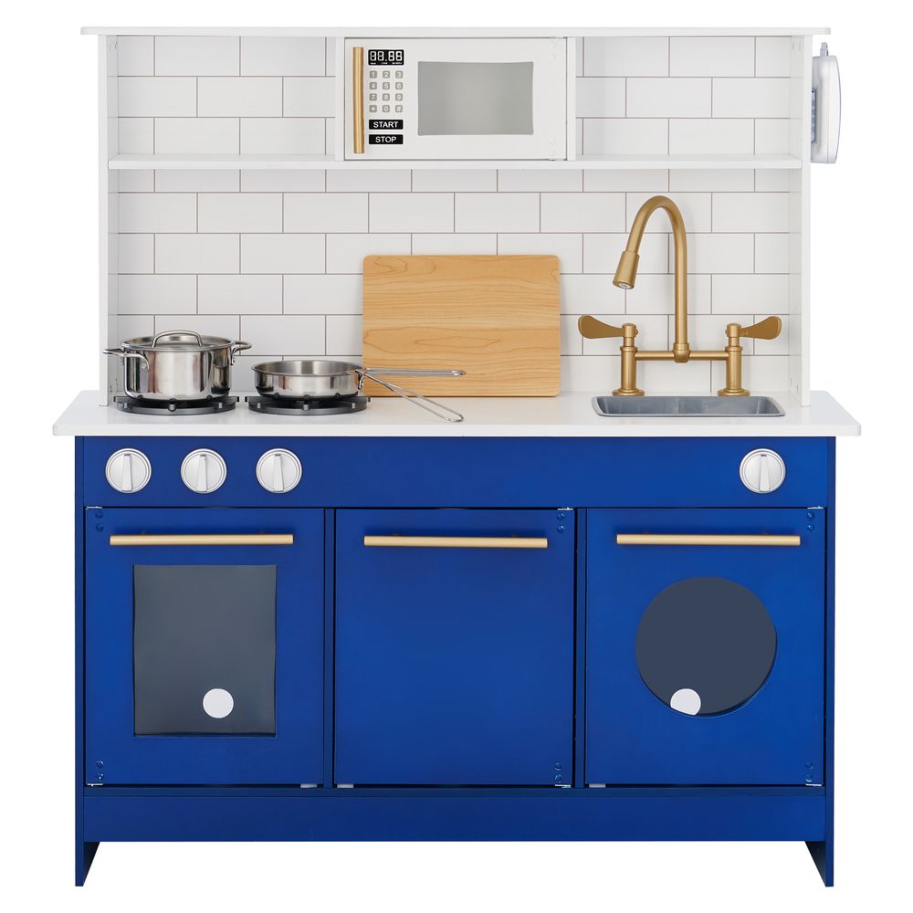 Blue Kids Toy Kitchen Wooden Cooker Children Imitation Play