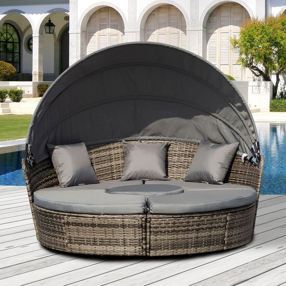 5 PCs Cushioned Outdoor Plastic Rattan Round Sofa Bed Table Set Grey