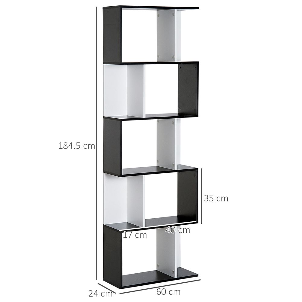 5-tier Bookcase Storage Display Shelving S Shape design Unit Divider Black