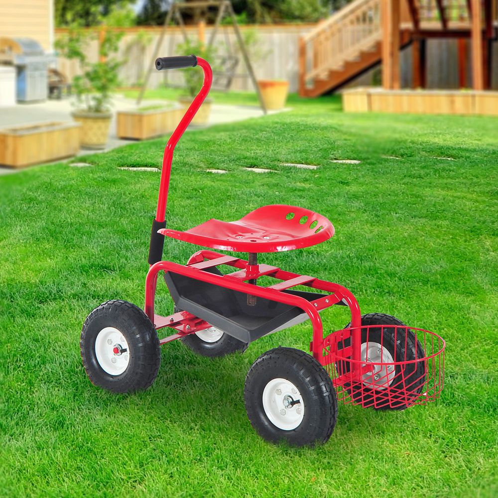 Gardening Planting Rolling Cart with Tool Tray-Red