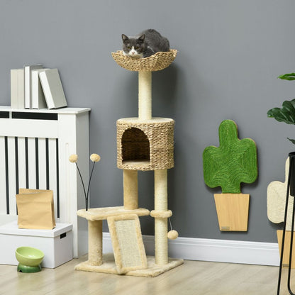 PawHut 116cm Cat Tree Tower with Scratching Post Cat House Ball Platform Beige