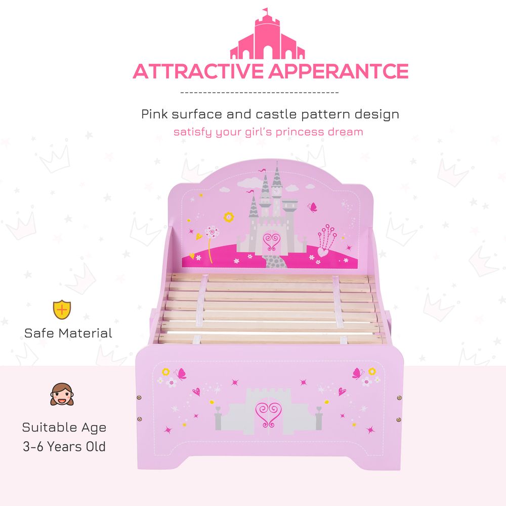 Kids Bed Princess Castle Theme w/ Side Rails Slats Home 3-6 Yrs Pink