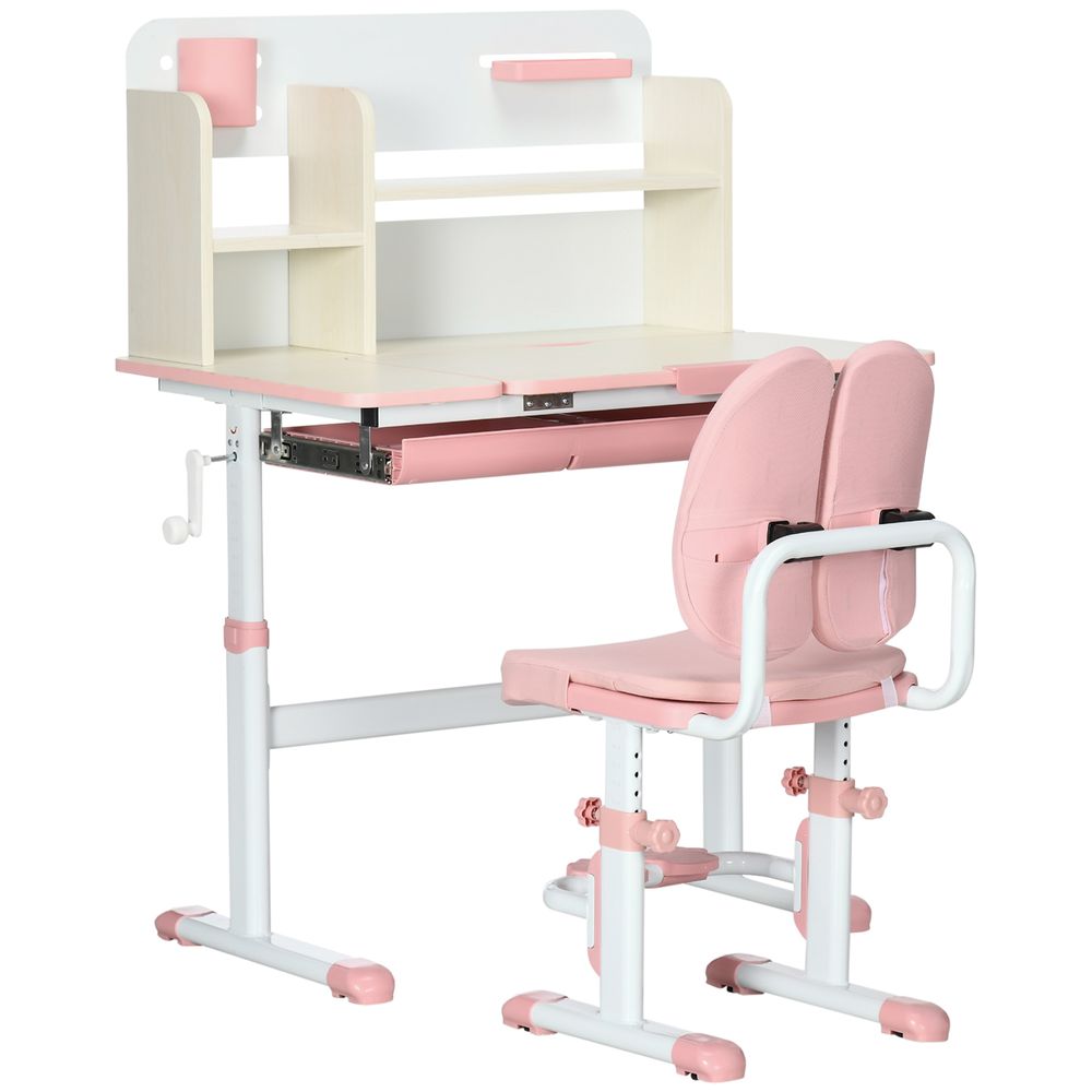 Kids Desk and Chair Set with Storage Shelves, Washable Cover - Pink