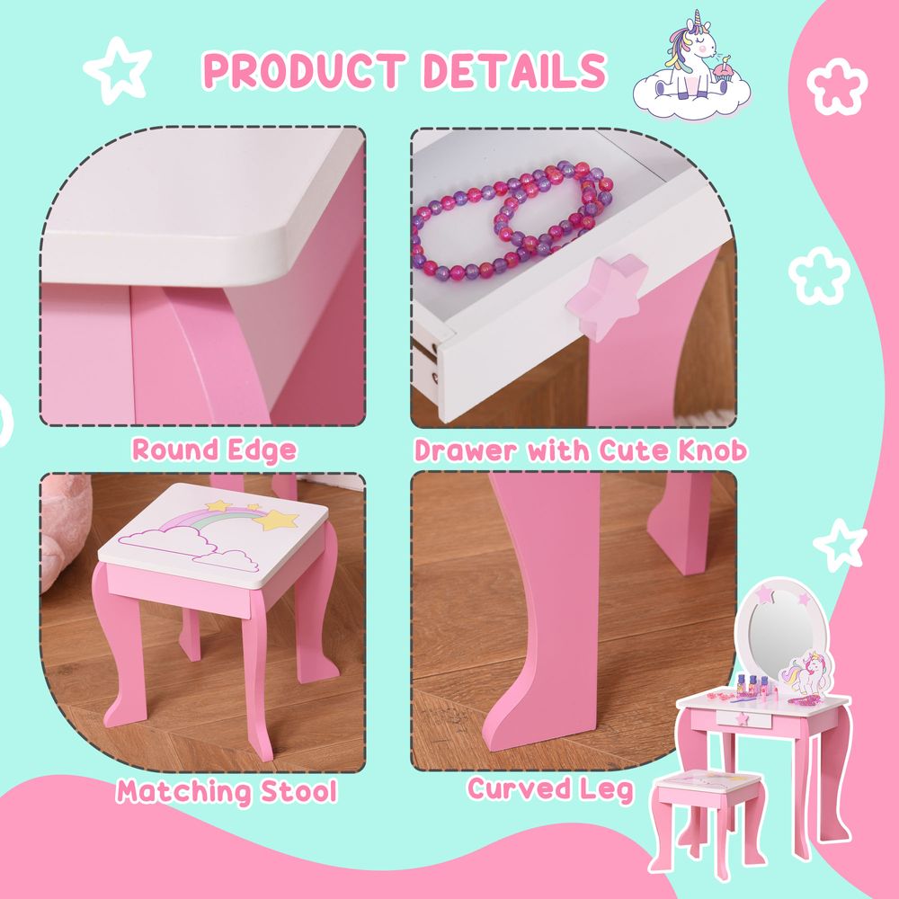 Kids Dressing Table, Girls Vanity Set w/ Mirror and Stool, Unicorn-Designed