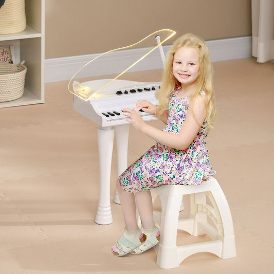 AIYAPLAY 32 Keys Kids Piano Keyboard with Stool, Lights, Microphone, White