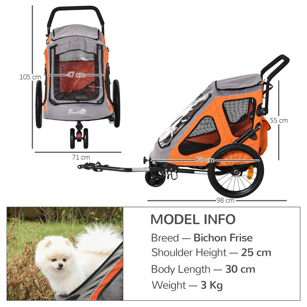 2-IN-1 Dog Bike Trailer Pet Carrier Stroller Reflector 140 x 71 x 105cm Pawhut