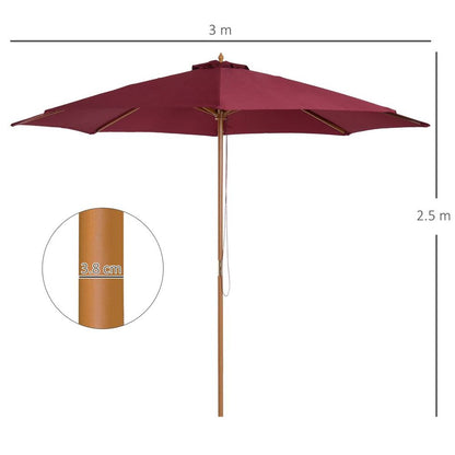 3m Fir Wooden Garden Parasol Sun Shade Outdoor Umbrella Canopy Wine Red