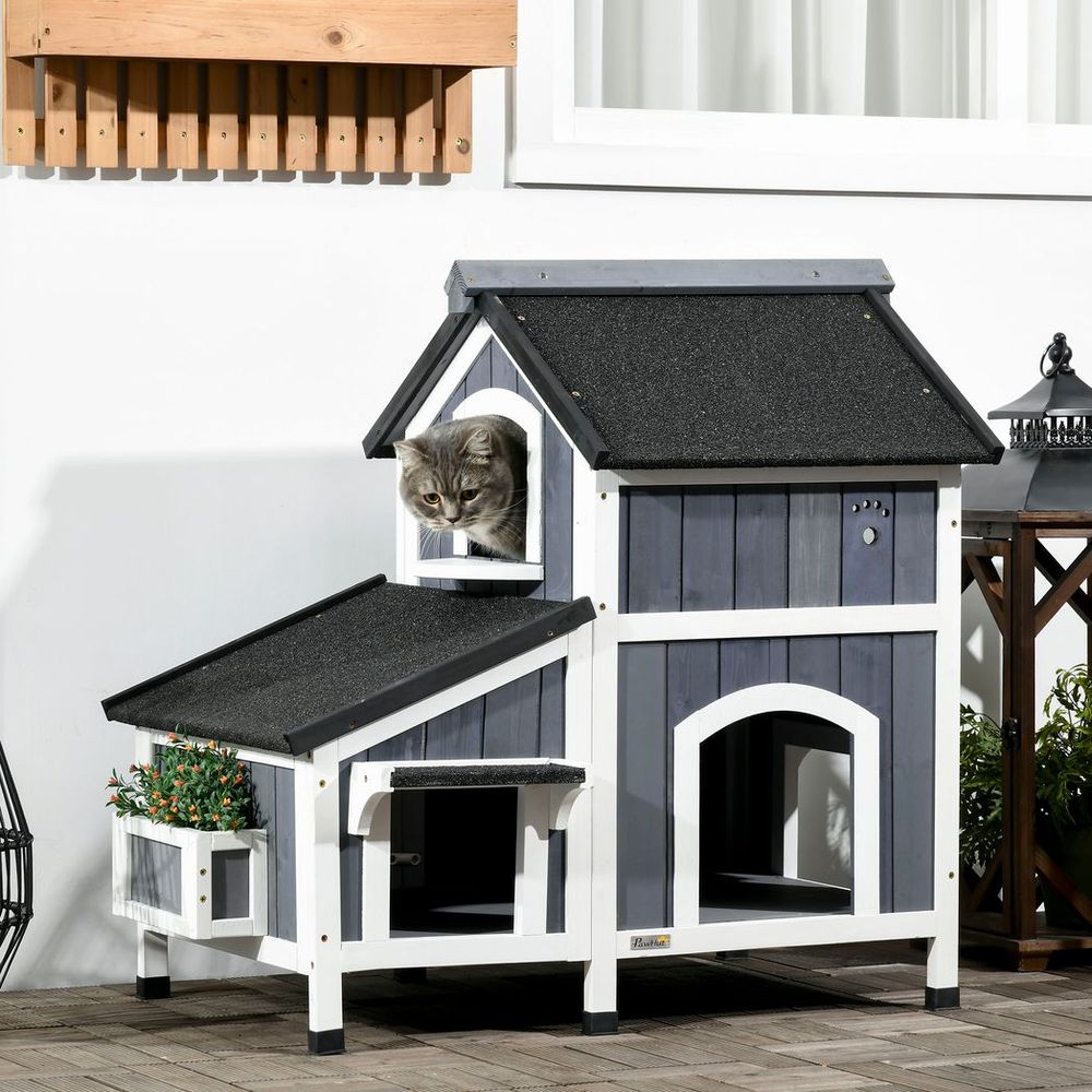 PawHut�Wooden�Cat�House�Outdoor w/ Flower Pot,�Window, Multiple�Entrances