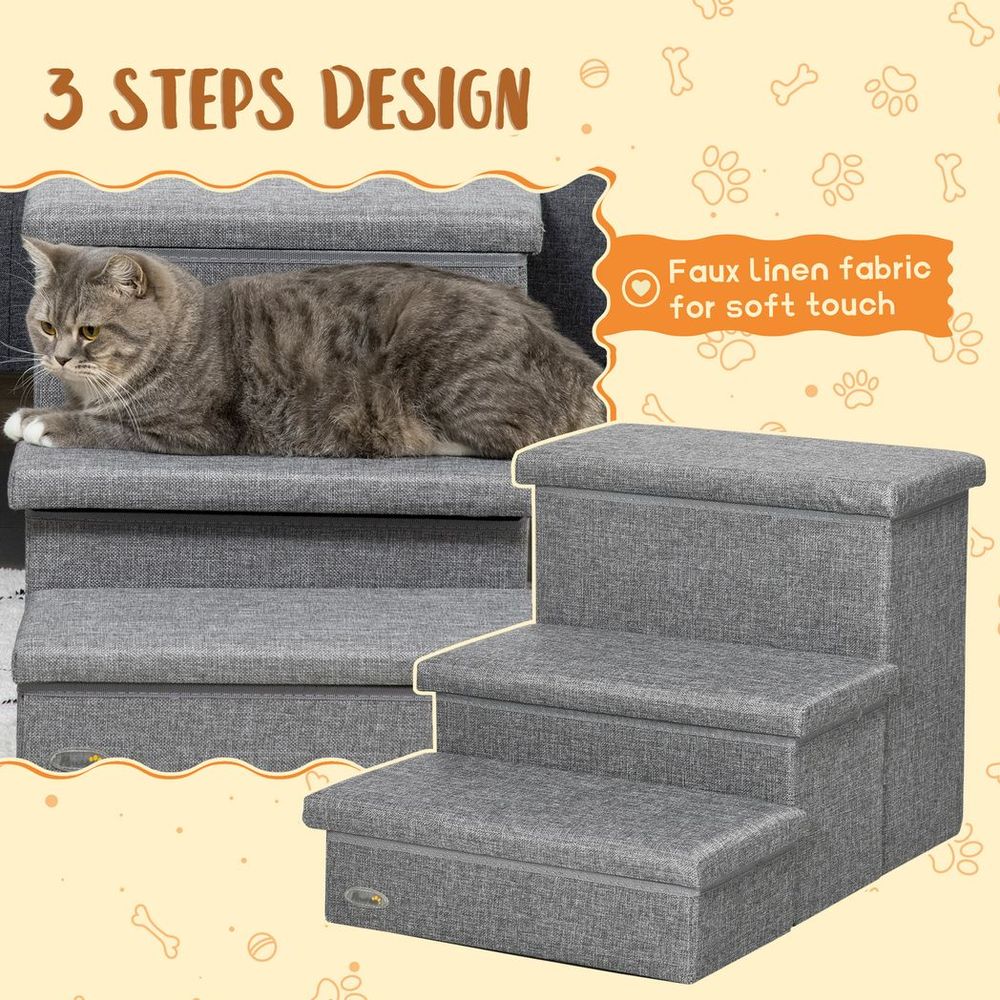 PawHut 3 Step Dog Steps with Storage Boxes, Cat Stairs for Bed Sofa, Light Grey