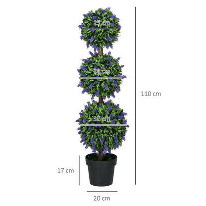 HOMCOM Set of 2 Potted Artificial Plants Ball Tree with Lavender Flowers, 110cm