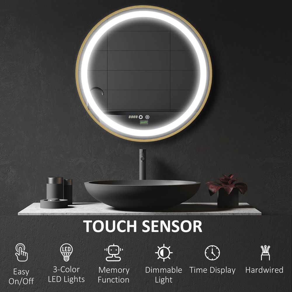 LED Bathroom Mirror Wall Mounted Round Vanity Mirror w/ Lights, Time Display