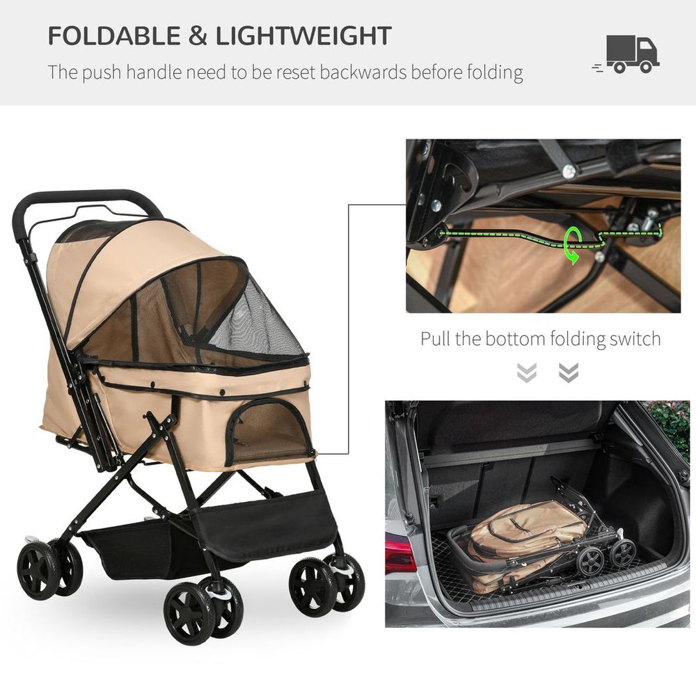 Pet Stroller Dog Foldable Travel Carriage with Reversible Handle, Brown