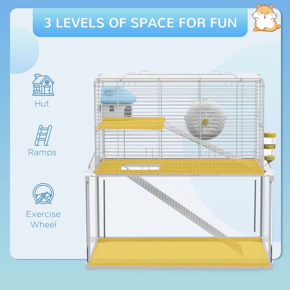 PawHut 3 Tiers Hamster Cage w/ Ramps Platforms Hut Exercise Wheel Water Bottle