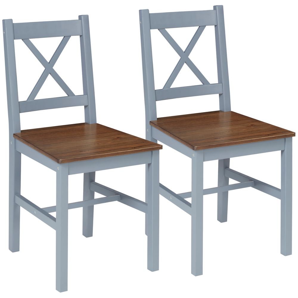 Dining Chairs Set of 2, Pine Wood Frame, Cross Back for Kitchen Grey