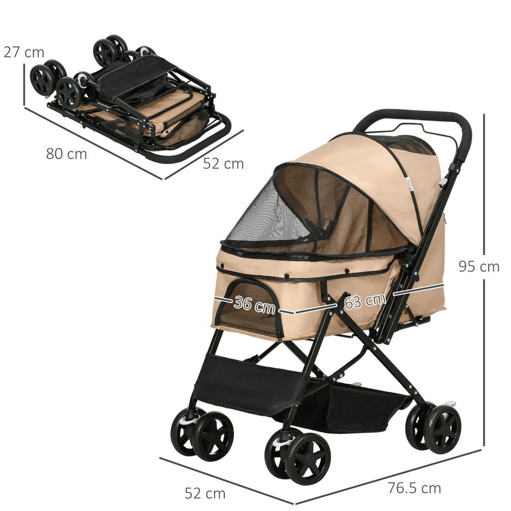 Pet Stroller Dog Foldable Travel Carriage with Reversible Handle, Brown