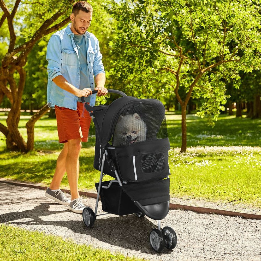 Pet Stroller Pushchair Carrier for Cat Puppy with 3 Wheels Black