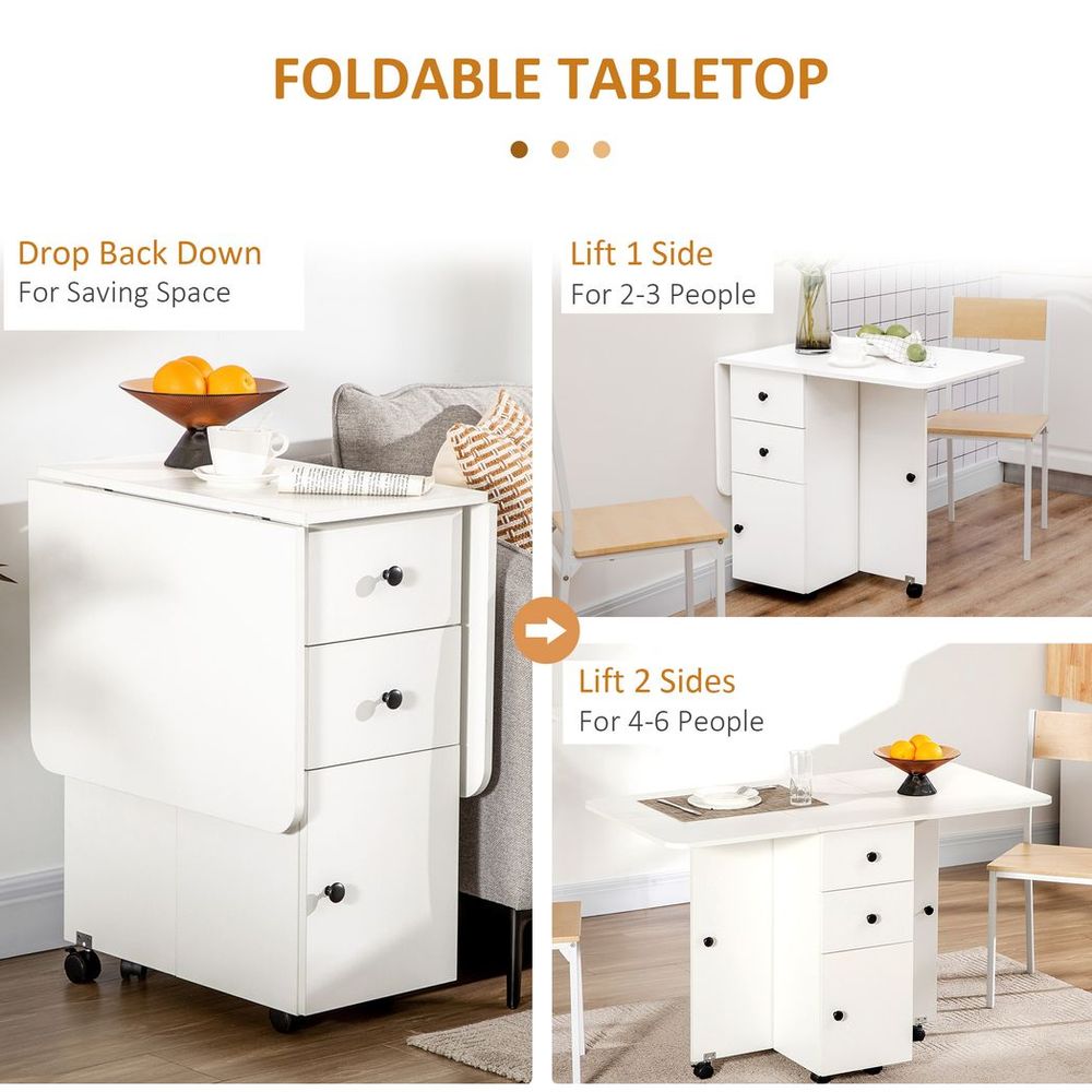 Folding Dining Table, Drop Leaf Table With Storage Drawers White