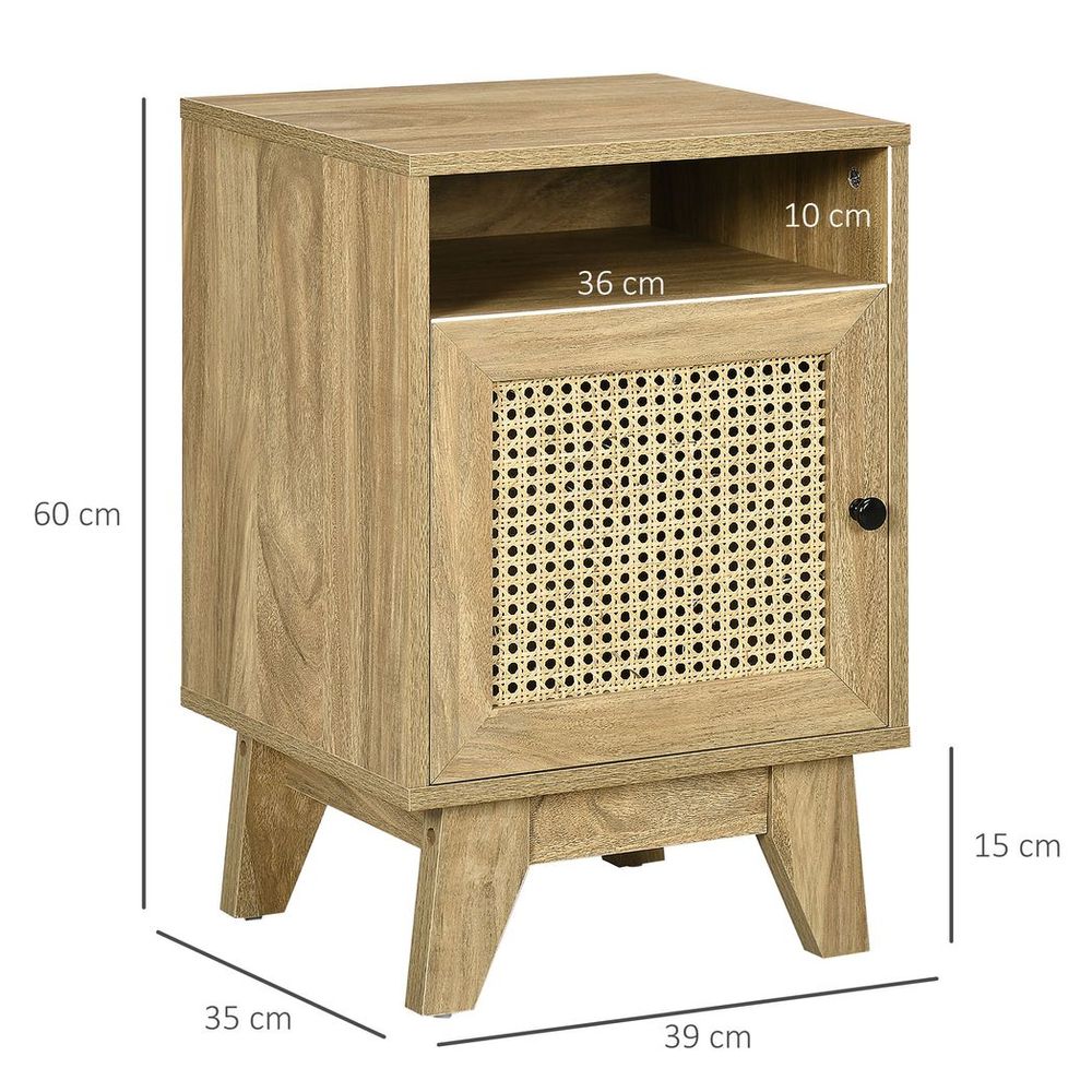 Nightstand, Bedside Table with Drawer and Shelf, End Table with Rattan Element