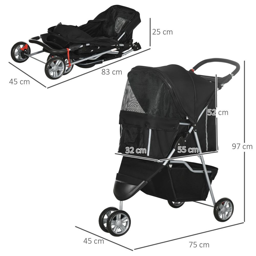 Pet Stroller Pushchair Carrier for Cat Puppy with 3 Wheels Black