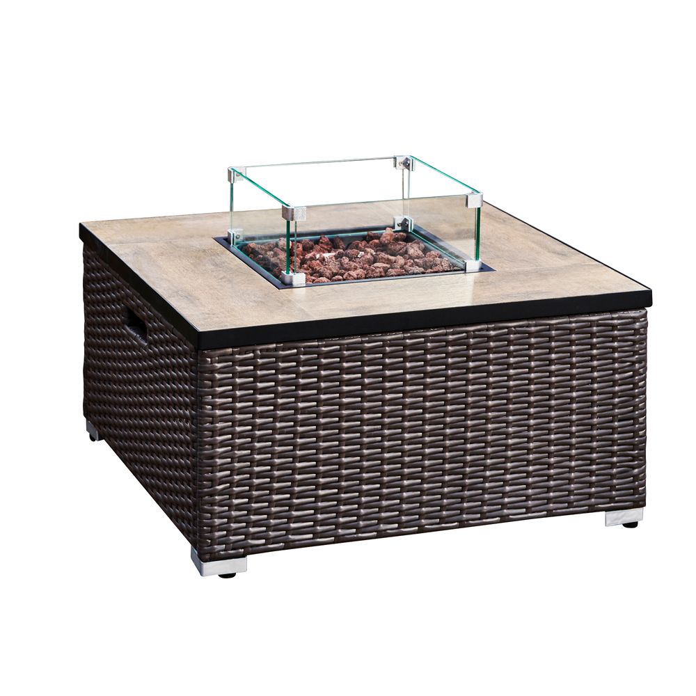 Outdoor Garden Rattan Gas Fire Pit Table with Screen, Rocks & Cover