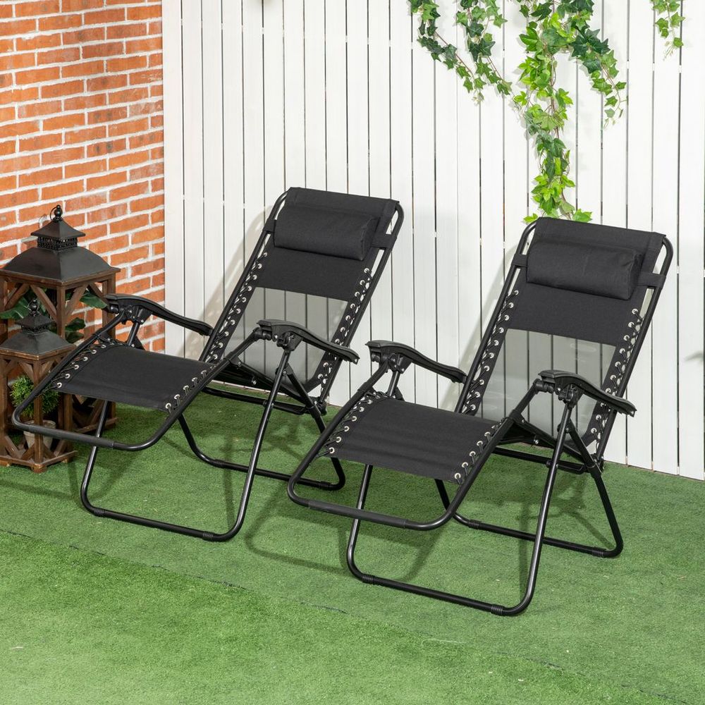 Foldable Garden Recliner Chair Set of 2 w/ Footstool & Headrest, Black