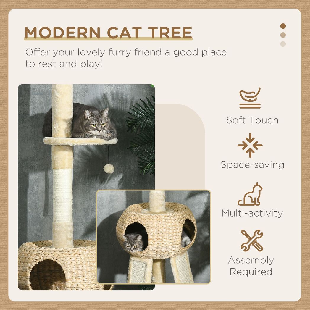 PawHut 255cm Cat Tree Tower with Scratching Post Cat House Ball Platform Beige