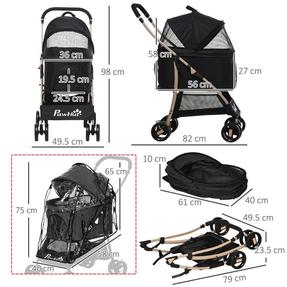 PawHut Detachable Pet Stroller with Rain Cover for Small and Tiny Dogs, Black