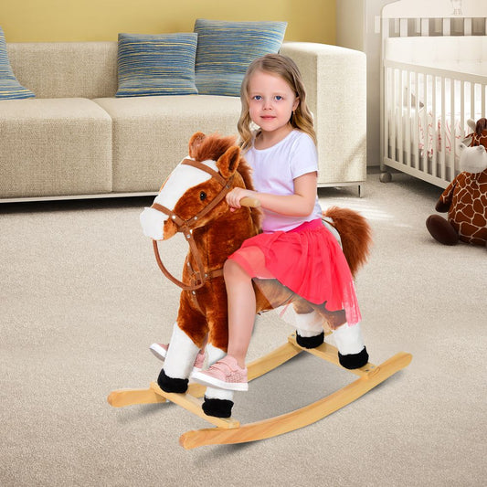 Rocking Horse Toy Plush Wood Pony Riding Rocker Neigh Sound Brown