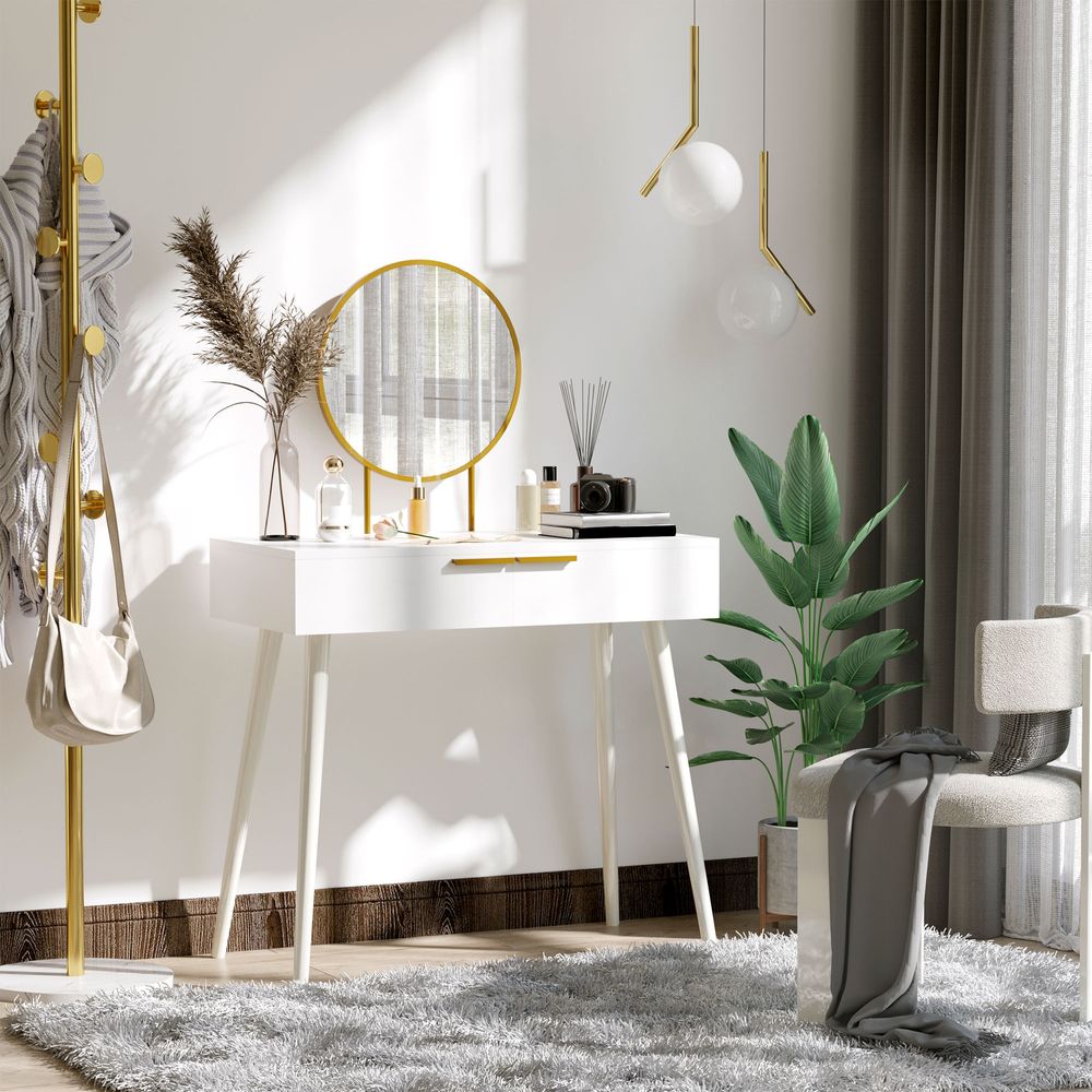 Modern Dressing Table with Round Mirror, Makeup Vanity Table with 2 Drawers White Desk w/ Mirror