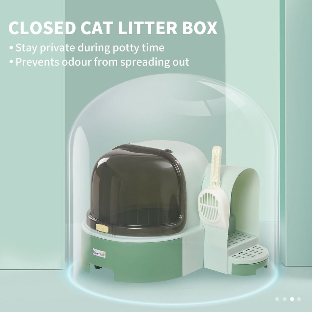 PawHut 2 In 1 Cat Litter Tray w/ Drawer Pans, Scoop, Openable Cover - Green