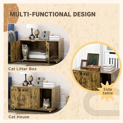 PawHut Cat Litter Box Enclosure, End Table with Double Doors, Rustic Brown