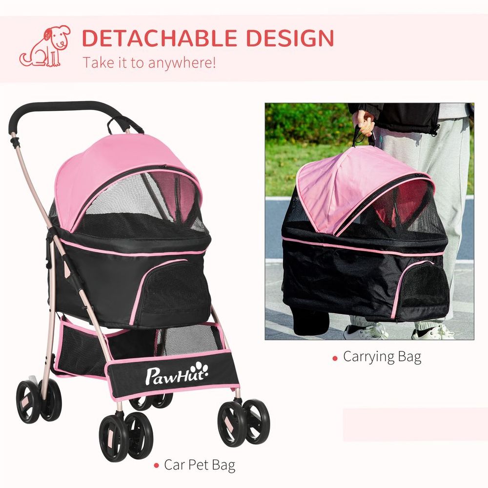 PawHut Detachable Pet Stroller with Rain Cover for Small and Tiny Dogs, Pink