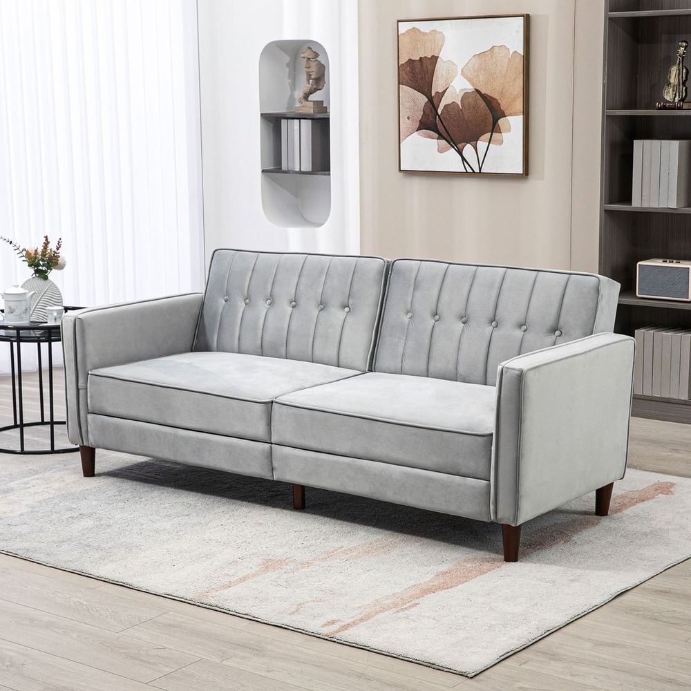 HOMCOM Convertible Sofa Futon Velvet-Touch Tufted Couch Sofa Bed Split Back Grey