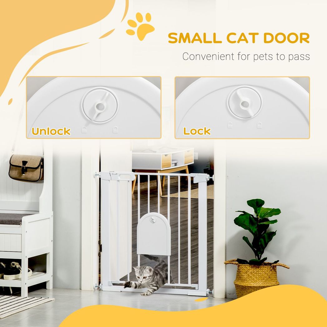 PawHut 75-82 cm Pet Safety Gate Pressure Fit Stair w/ Small Door Double Locking