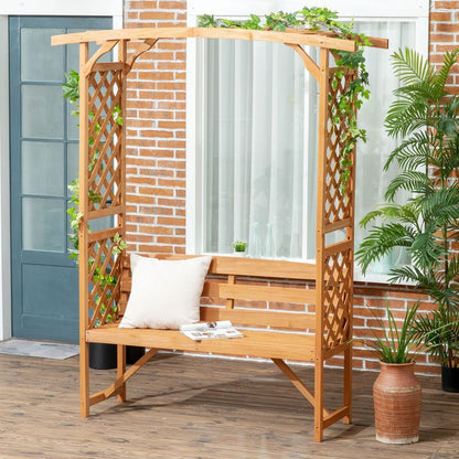 Patio Garden Bench, Arch Pergola with Natural Wooden Garden Arbour with Seat