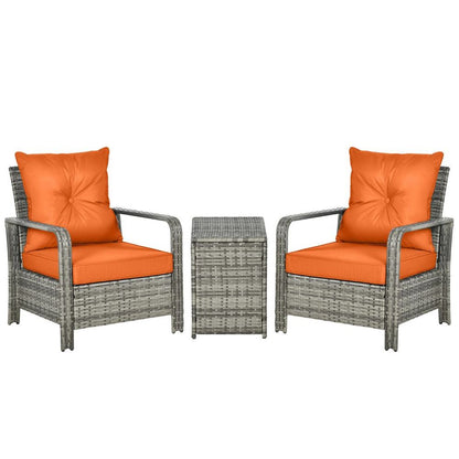 3 PCs PE Rattan Garden Sofa Set w/ 2 Chairs & Storage Table Orange