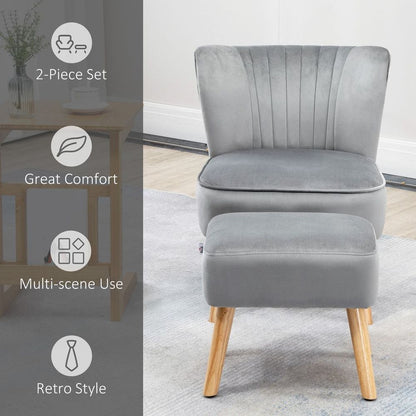 Velvet-Feel Accent Chair w/ Ottoman Tub Seat Padding Wood Legs Light Grey