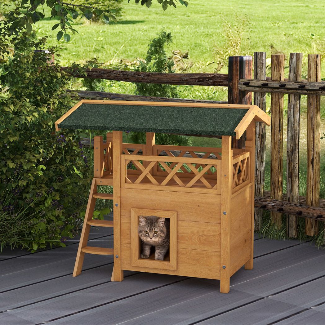 PawHut Outdoor Cat House with Balcony Stairs Roof, Natural Wood Finish