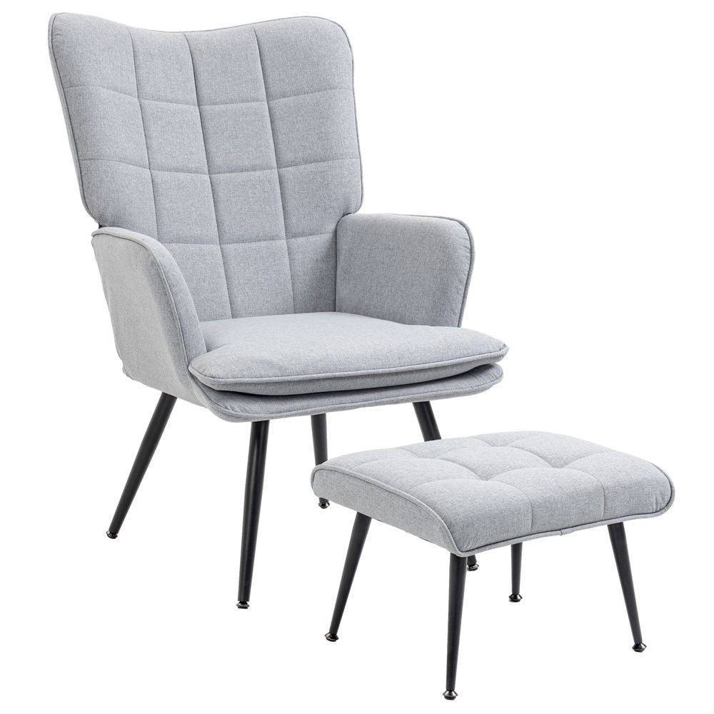 Living Room Chair with Footstool and Steel Legs, Light Grey